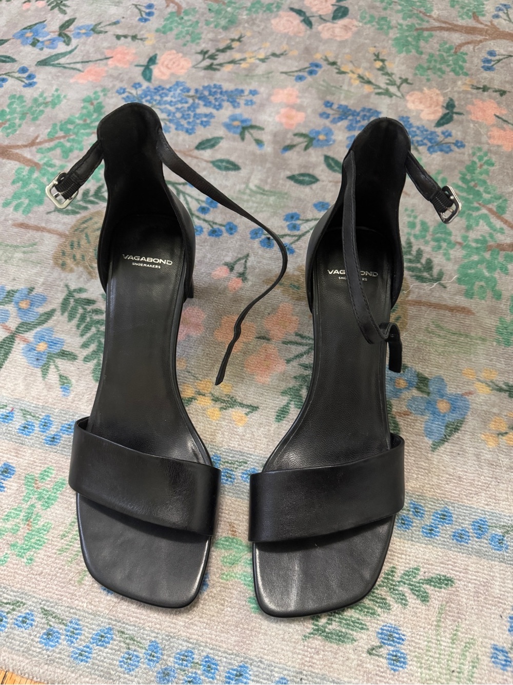 Vagabond Black Leather Square-Toe Ankle-Strap Heels